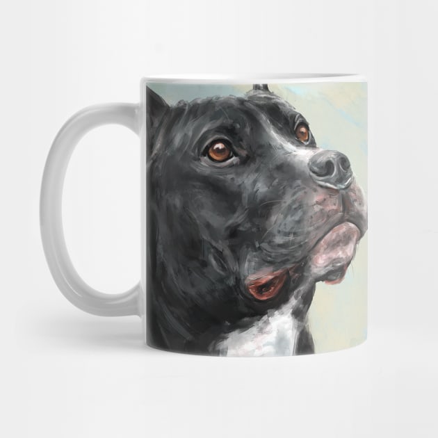 Painting of a Black Pit Bull Looking into the Horizon, on light Blue Yellow Background by ibadishi